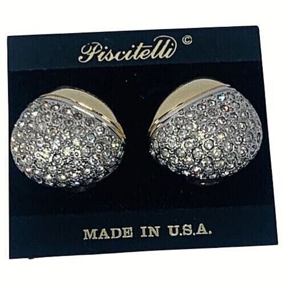 Piscitelli Crystal Dome Gold Button Earrings 1” Clip On Designer - Picture 1 of 12